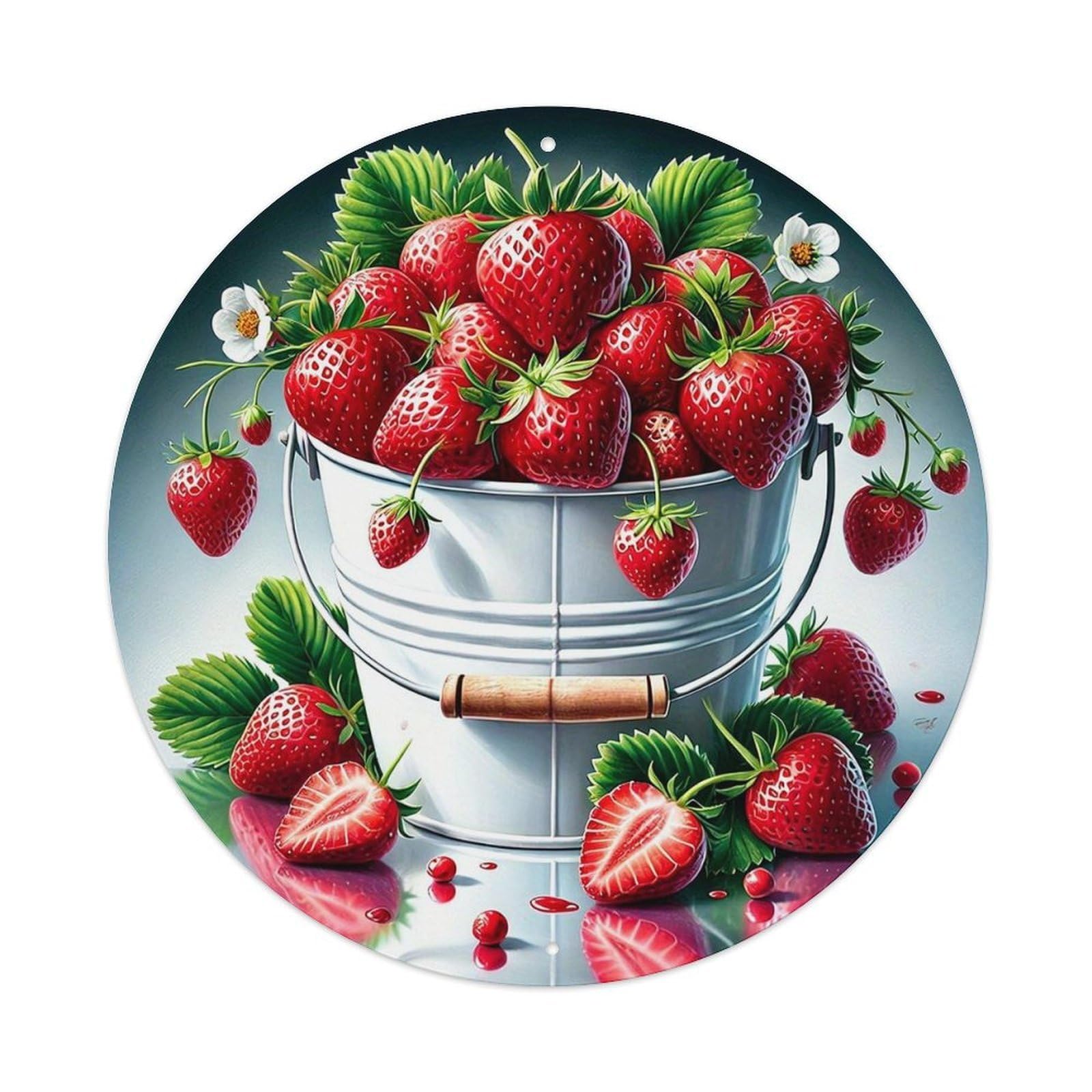 Fresh Strawberries In Metal Bucket Tin Sign Metal Poster Vintage Metal Signs for Home Man Cave Bar Cafe Kitchen laundry room Wall Decorations 8x8 inches
