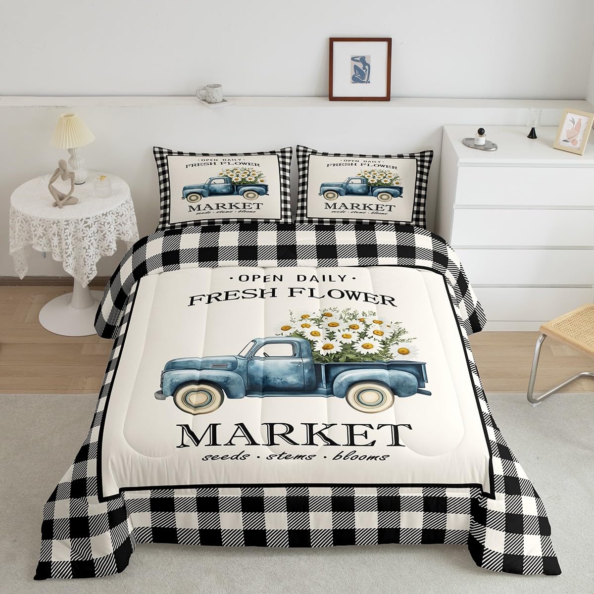 Daisy Flowers Truck Comforter Set King Size Black White Geometric Grid Bedding Set for Kids Girls Teens Boys Room Decor Spring Garden Plants Quilt Set Rustic Farmhouse Duvet Insert 3pcs