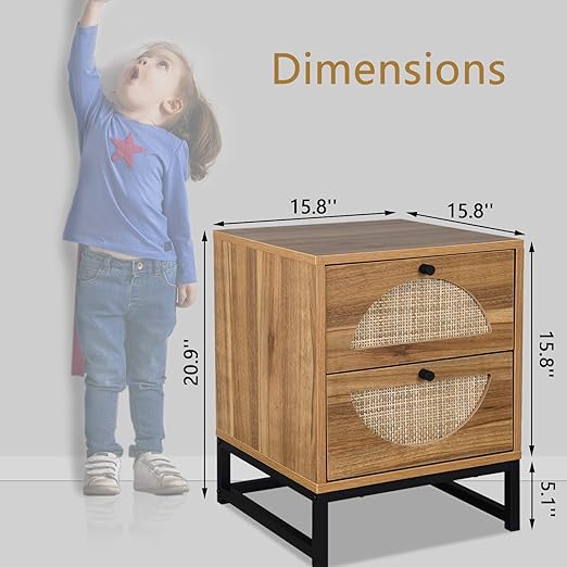 Recaceik Ratten NightStand, Natural End/Bedside Table Cabinet with 2 Ratten Drawers Storage and Metal Legs, Rustic Shelf Bedside End Side Accent Table for Living Room, Bed Room… thumbnail 2