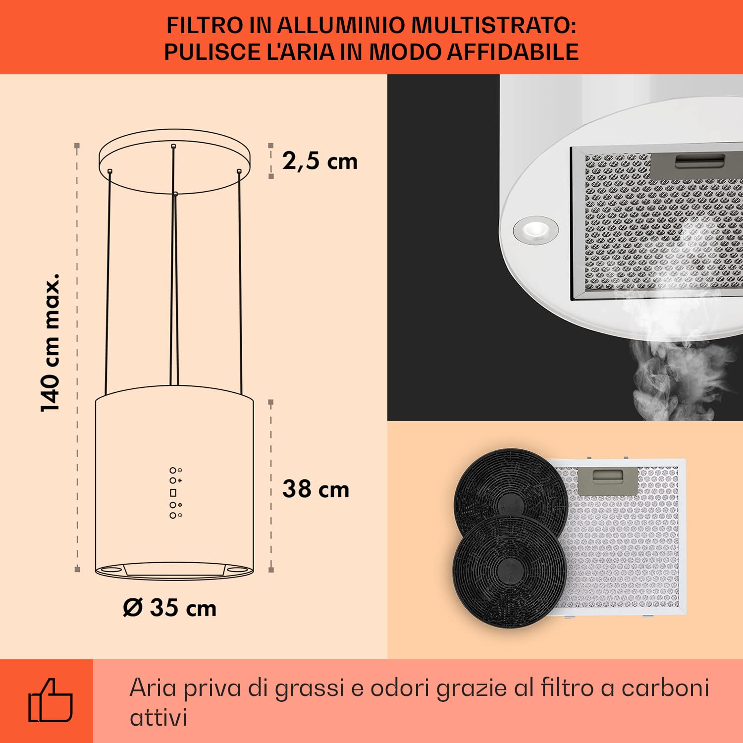 Klarstein Cappa Sospesa per Isola Cucina a Candelabro con LED Sottopensile, Flusso d'Aria di 558m³/h, con Filtri Antigrasso, con Filtri a Carboni Attivi