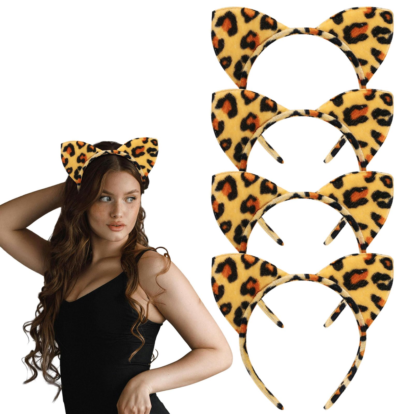 EUPSIIU 4 Piezas Leopardo Diademas, Diademas de Oreja de Gato, Oreja Leopardo Diademas, Felpa Leopardo Diademas, Diadema Gato, para Carnaval Fiesta de Halloween Cosplay