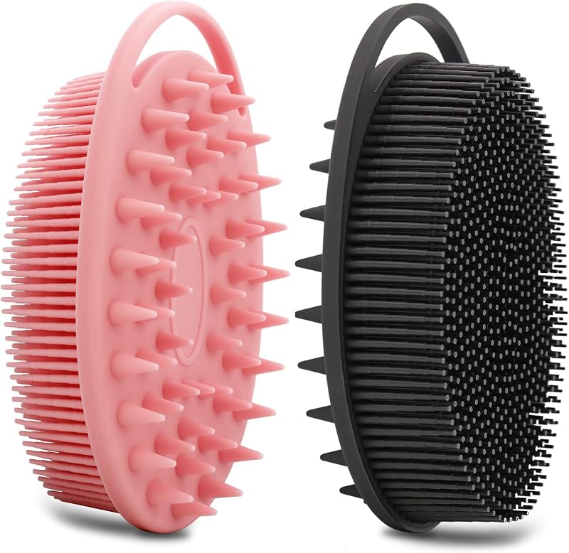 Escova de Silicone para Banho e Couro Cabeludo HAYSNA com Dupla Face, Preto e Rosa, Pacote com 2
