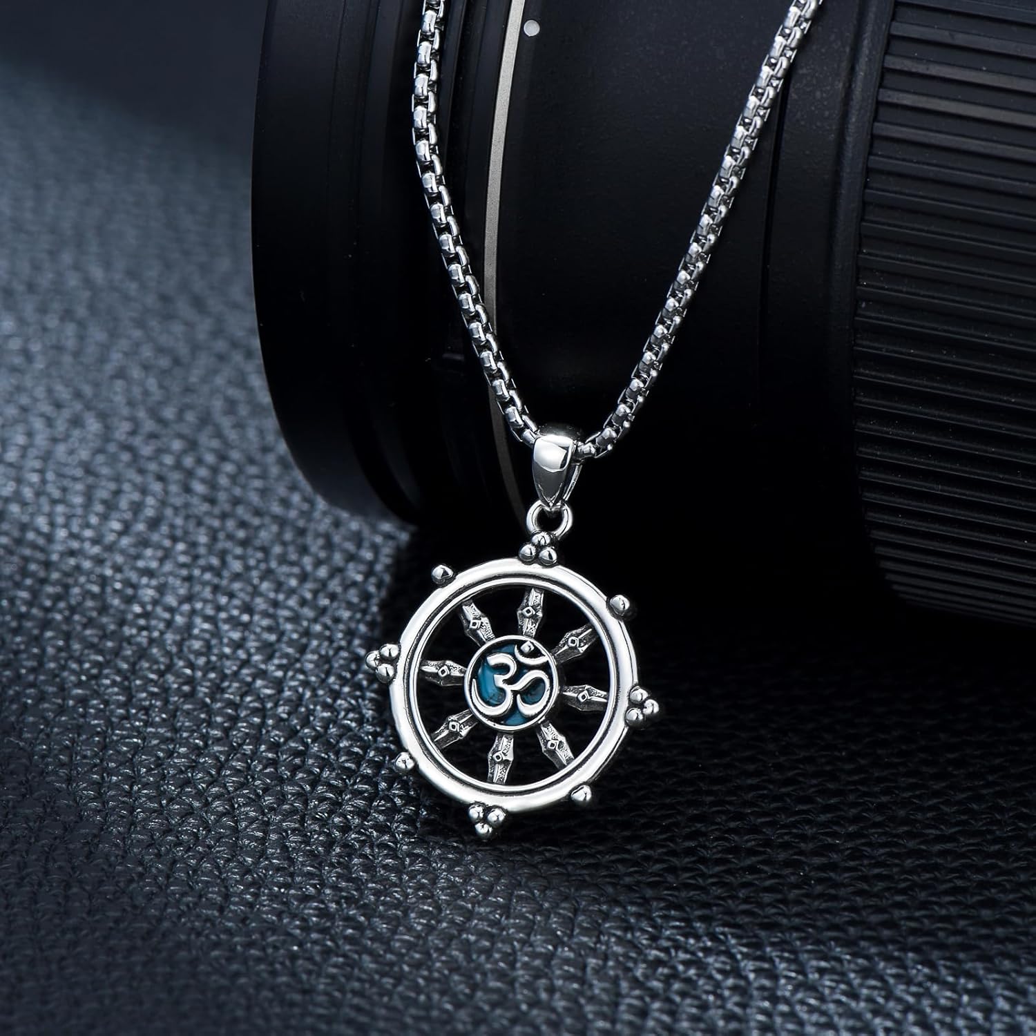 Om Yoga Necklace for Men Women 925 Sterling Silver Dharma Wheel Necklace Buddhist Necklace Turquoise Pendant Jewelry for Birthday Christmas - Image 4