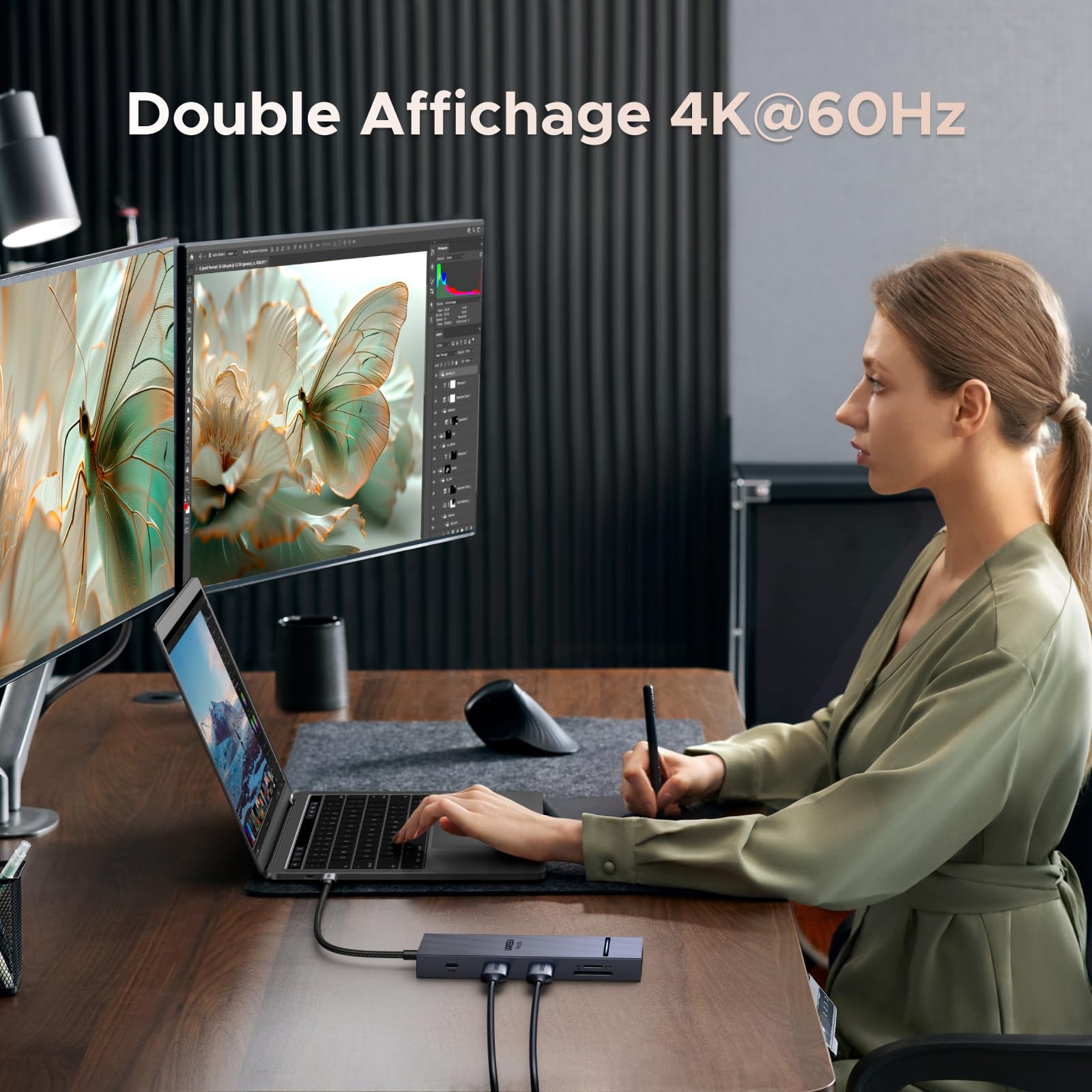UGREEN Revodok Pro 2102 Docking Station USB C Double HDMI 4K 60Hz 10 en 1 Hub USB C 10Gbps Adaptateur Ethernet Gigabit PD 100W Charge Lecteur de Carte SD TF Multi Data Ports