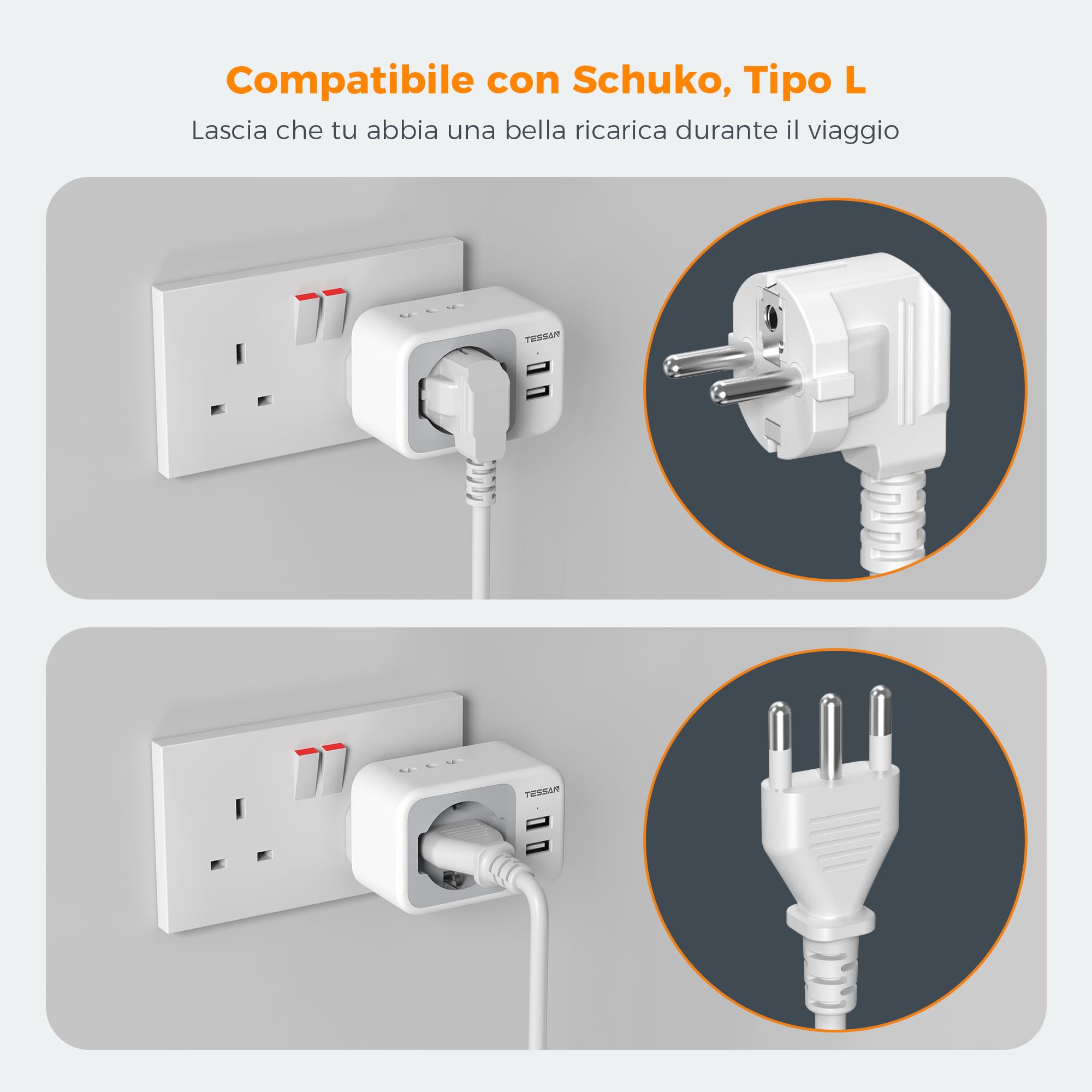 TESSAN Adattatore Presa Inglese con 2 USB, Adattatore Spina Inglese Italiana con 2 Prese IT e 1 Presa Schuko per Gran Bretagna, Irlanda, Gambia, 3250W Italiana, Spina Tipo G