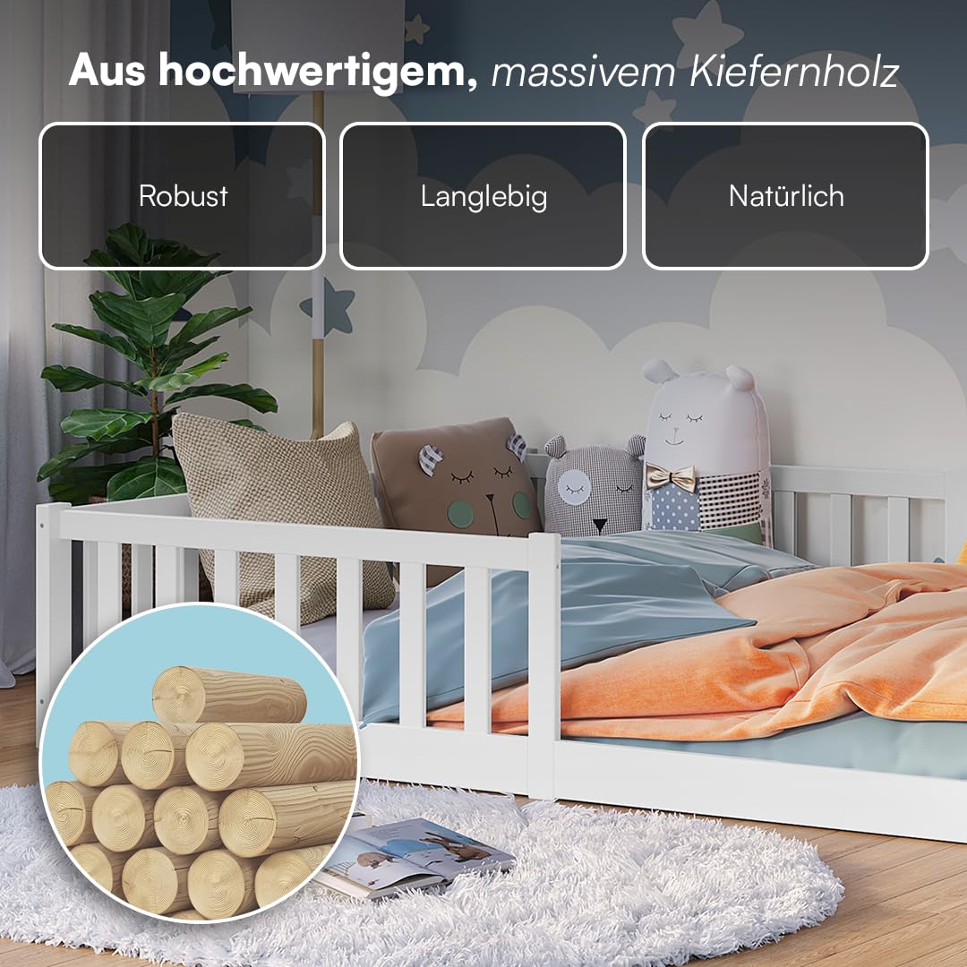 Bellabino Vere Bodenbett 140x200 cm – Montessori Kinderbett mit Rausfallschutz & Lattenrost – Massives Kiefernholz Bett Weiß