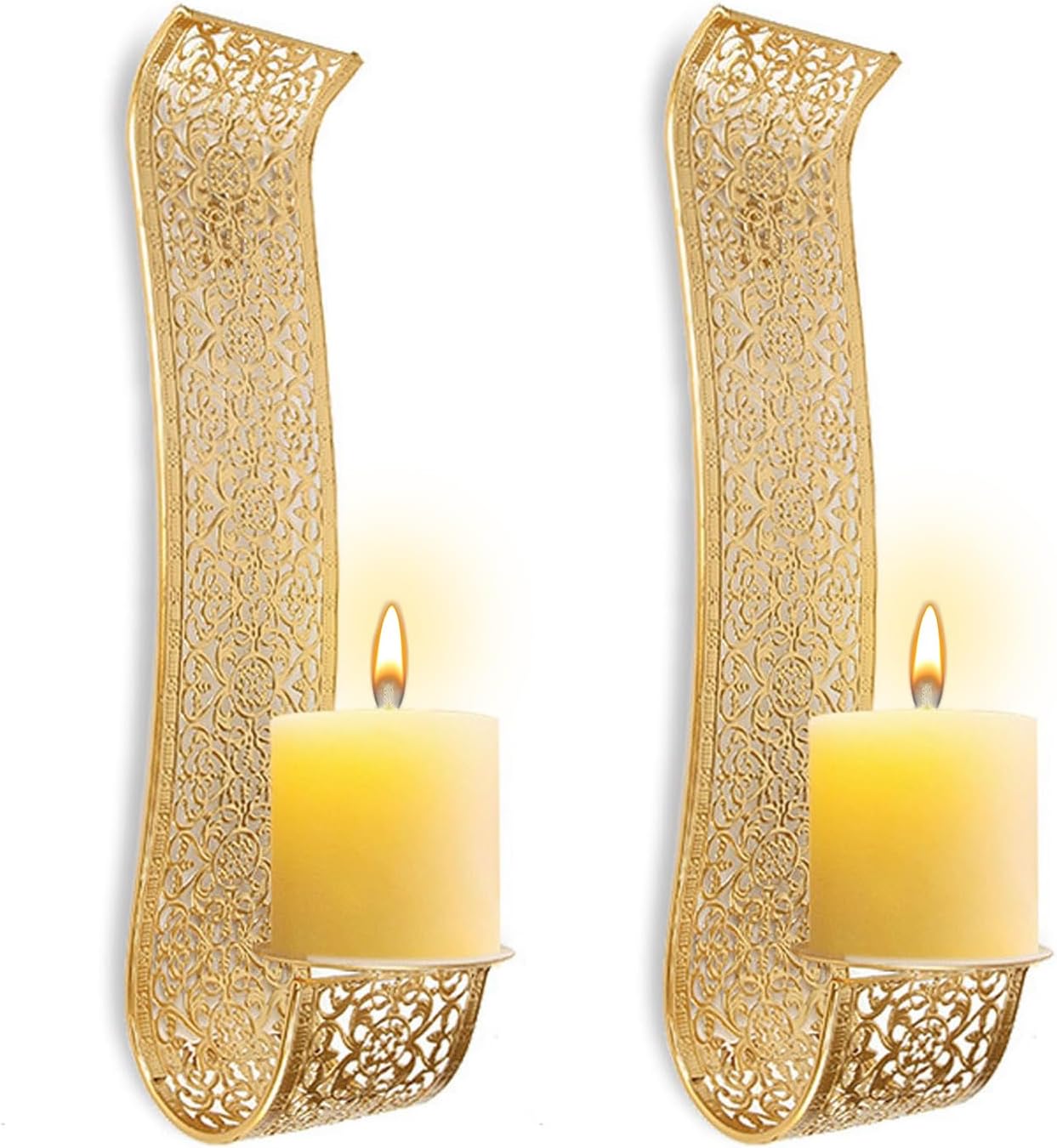 Shelving Solution Wall Sconce Candle Holder, 2pcs Gold Hollow Carved Exquisite Details Metal Wall Candle Holder for Living Room, Bedrooms, Office