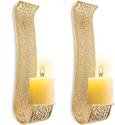 Miniatura 10 de Candelabro de pared con solución de estanterías, hueco dorado, tallado exquisitos detalles, portavelas de pared de metal para sala de estar,