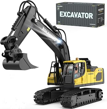 kolegend Remote Control Excavator Toy for Boy 2 Batteries- 1/20 Scale Remote Control Digger with Alloy Shovel, Infinitely Rotating Cab, Lights & Sounds - Gift for Kids Ages 6,7,8,9,10