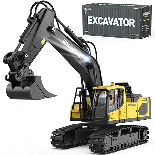 kolegend Remote Control Excavator Toy for Boy 2 Batteries- 1/20 Scale Remote Control Digger with Alloy Shovel, Infinitely Rotating Cab, Lights & Sounds - Gift for Kids Ages 6,7,8,9,10