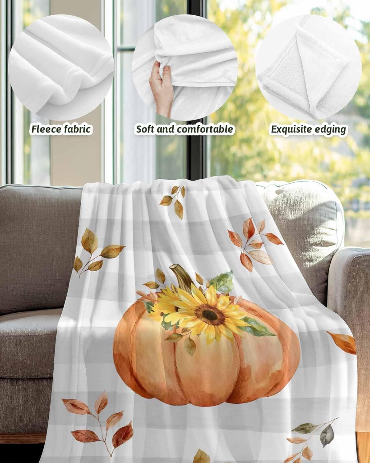 Fall Orange Pumpkin Sunflower Throw Blanket Warm Cozy Blankets,Lightweight Soft Blanket for Couch Sofa Bed, Farmhouse Leaf Plant Grey Plaid Blankets for Women Girls Boys Camping Travel 60x80in