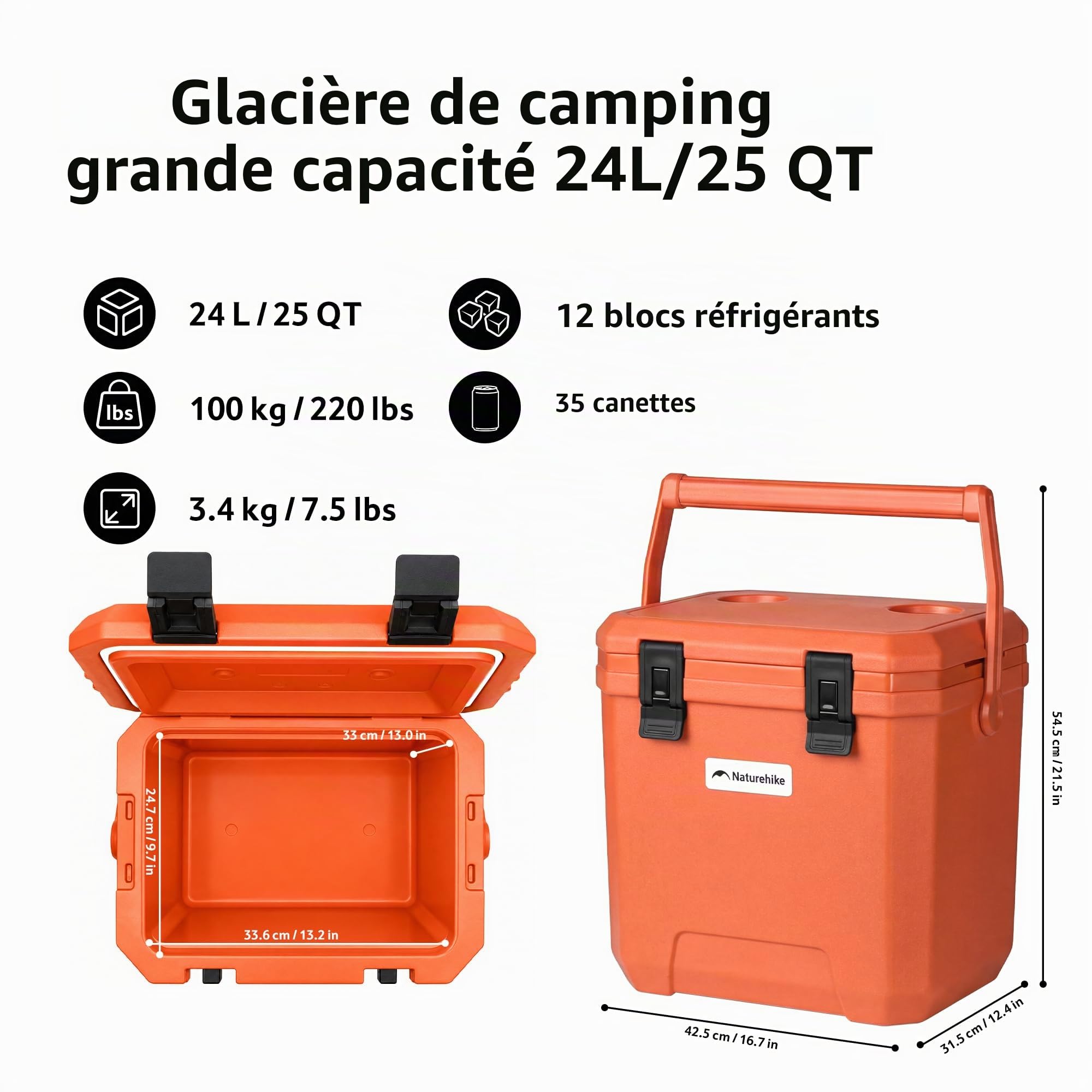 Naturehike Glacière 17 litres/24 litres/36 litres Boîte isotherme en polyuréthane de qualité supérieure 48 heures Capacité de refroidissement Sac isotherme pour camping, pique-nique, festival, voiture