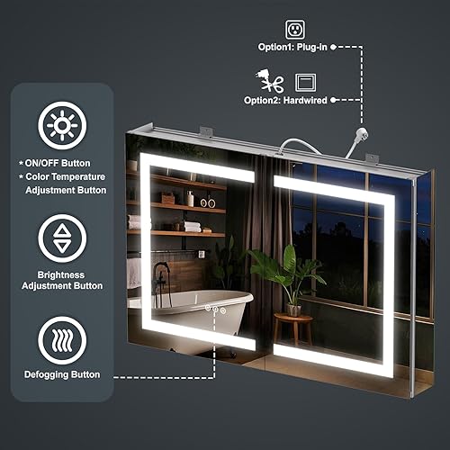 Miniatura 2 de Botiquín mejorado con espejo templado con luces de 30 x 26 pulgadas, enchufable o cableado, antivaho, 3 coloresregulable, aleación AL, 2 salidas y