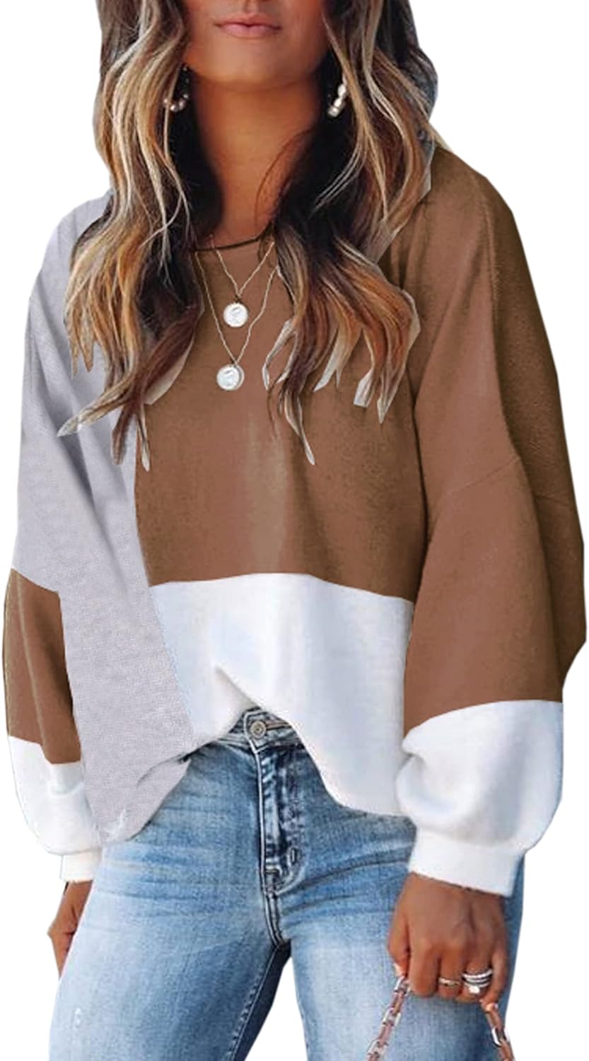ECOWISH Women Sweater Long Sleeve Color Block Knit Pullover Sweaters Crew Neck Patchwork Casual Loose Jumper Tops