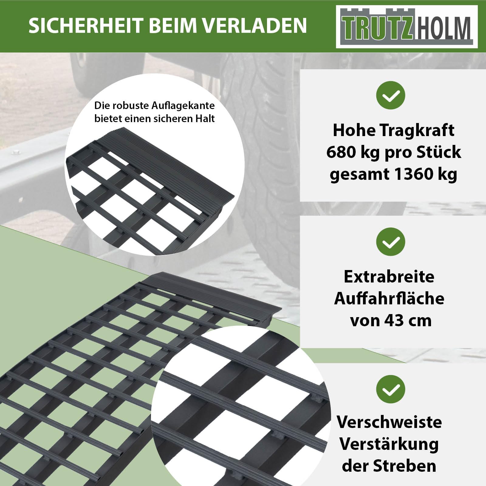 TRUTZHOLM 1 x Auffahrrampe 230 cm Traglast 680 kg Alu klappbar schwarz Riffelstab Verladerampe
