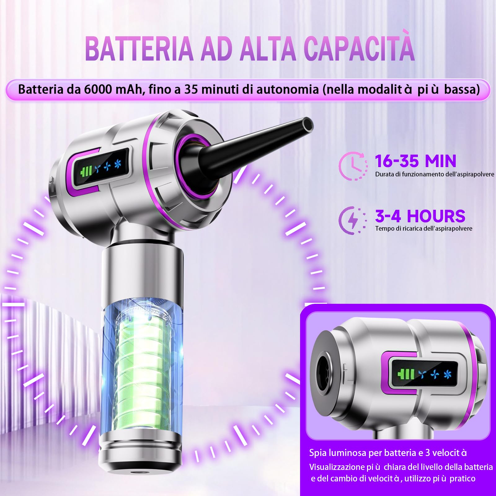 Aspirapolvere senza fili per auto, potente mini aspirapolvere da 27000PA, aspirapolvere portatile ricaricabile, ideale per pulire gli spazi ristretti di veicoli, case e uffici（Viola）