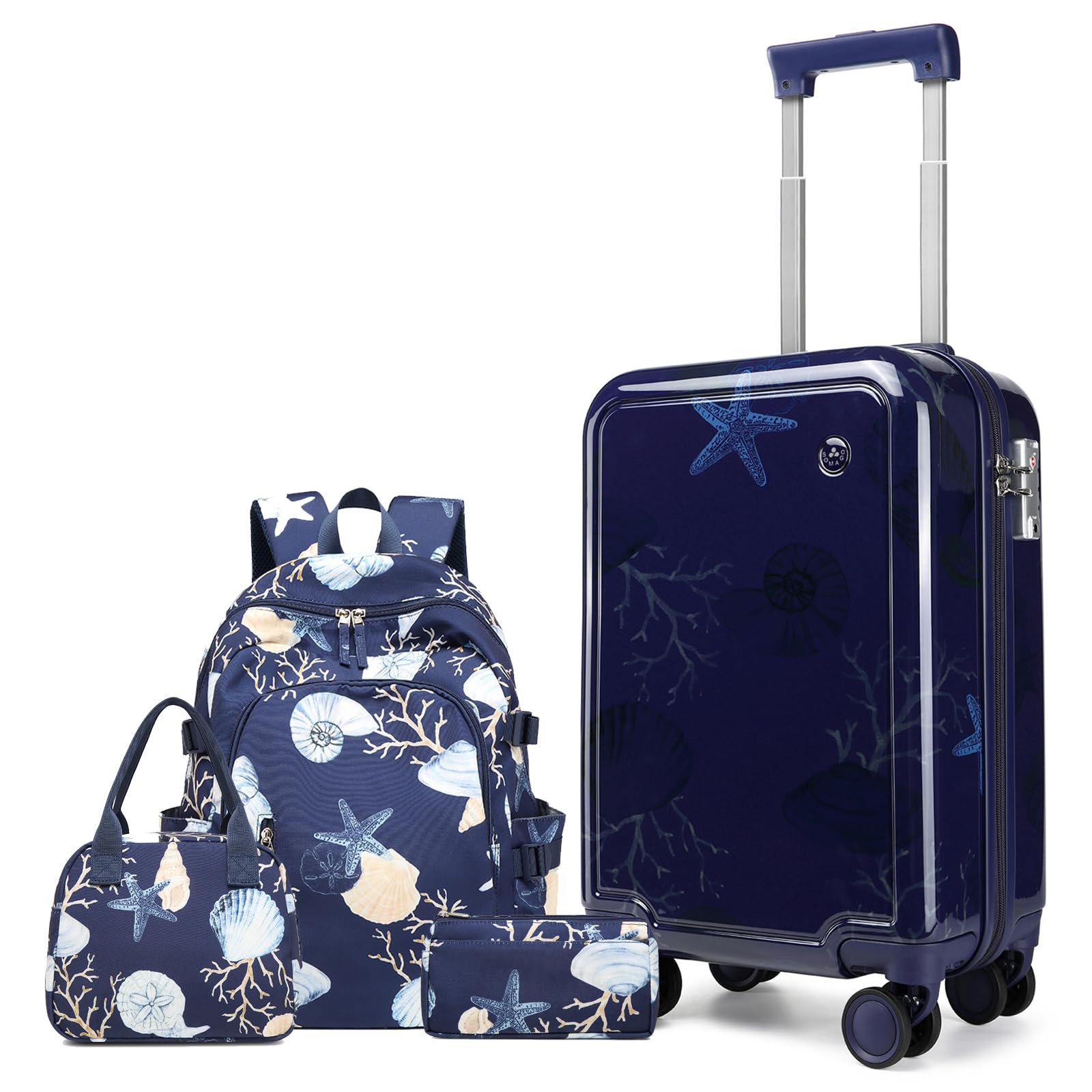 Somago 4 Piece Kid's Luggage with Backpack Set for Boys Girls Spinner 18" Hardside PC Rolling Carry on Suitcase with TSA Lock (Seashell Navy)