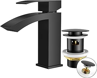 FORIOUS Wasserhahn Bad Schwarz mit Ablaufgarnitur, Wasserfall Waschtischarmatur mit Auslauf Höhe 100 mm, Mischbatterie Armatur Badezimmer, Gitterauslauf, Energiesparend & Wassersparend
