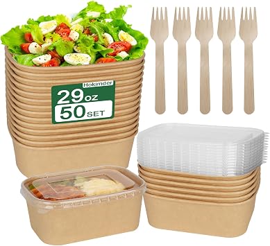 50 Pack 29oz Paper Food Containerswith Lids and Forks, Disposable Meal Prep Containers, Disposable Food Containers for Leftovers, Salad, Soup, Microwave Freezer Safe for Hot/Cold Use