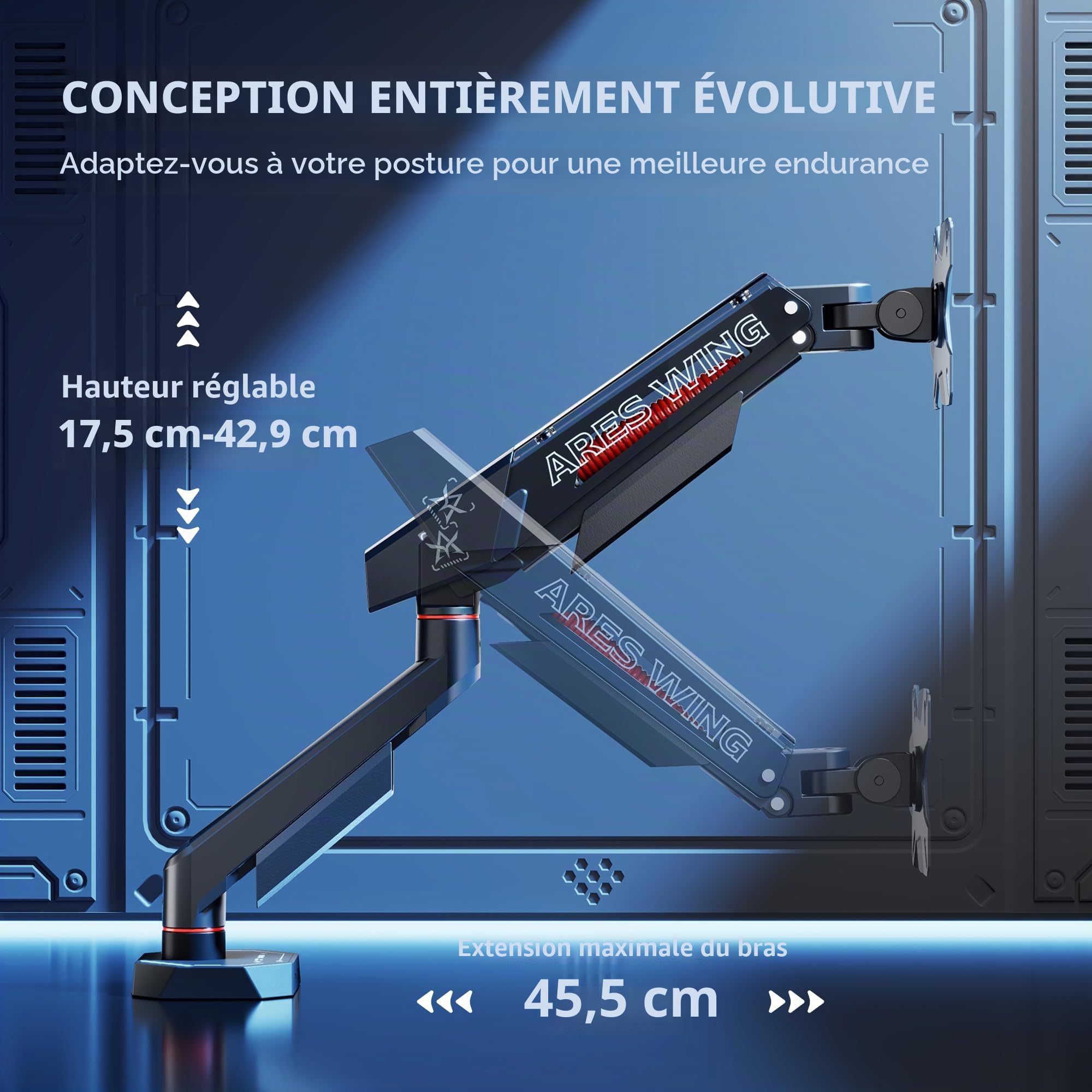 ARES WING Bras écran pc 17-40 Pouces Charge 12kg VESA 75/100 réglable Noir | Support écran pc plats & incurvés, multi-angle, fixation pince/trou，Gaming Monitor arm avec gestion câbles, aluminium