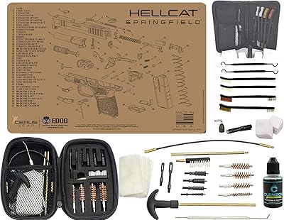 EDOG Premier 30 Pc Gun Cleaning System - Compatible with Springfield Armory Hellcat - Tan - Schematic (Exploded View) Mat, Range Warrior Universal .22 9mm - .45 Kit & Tac Book Accessories Set