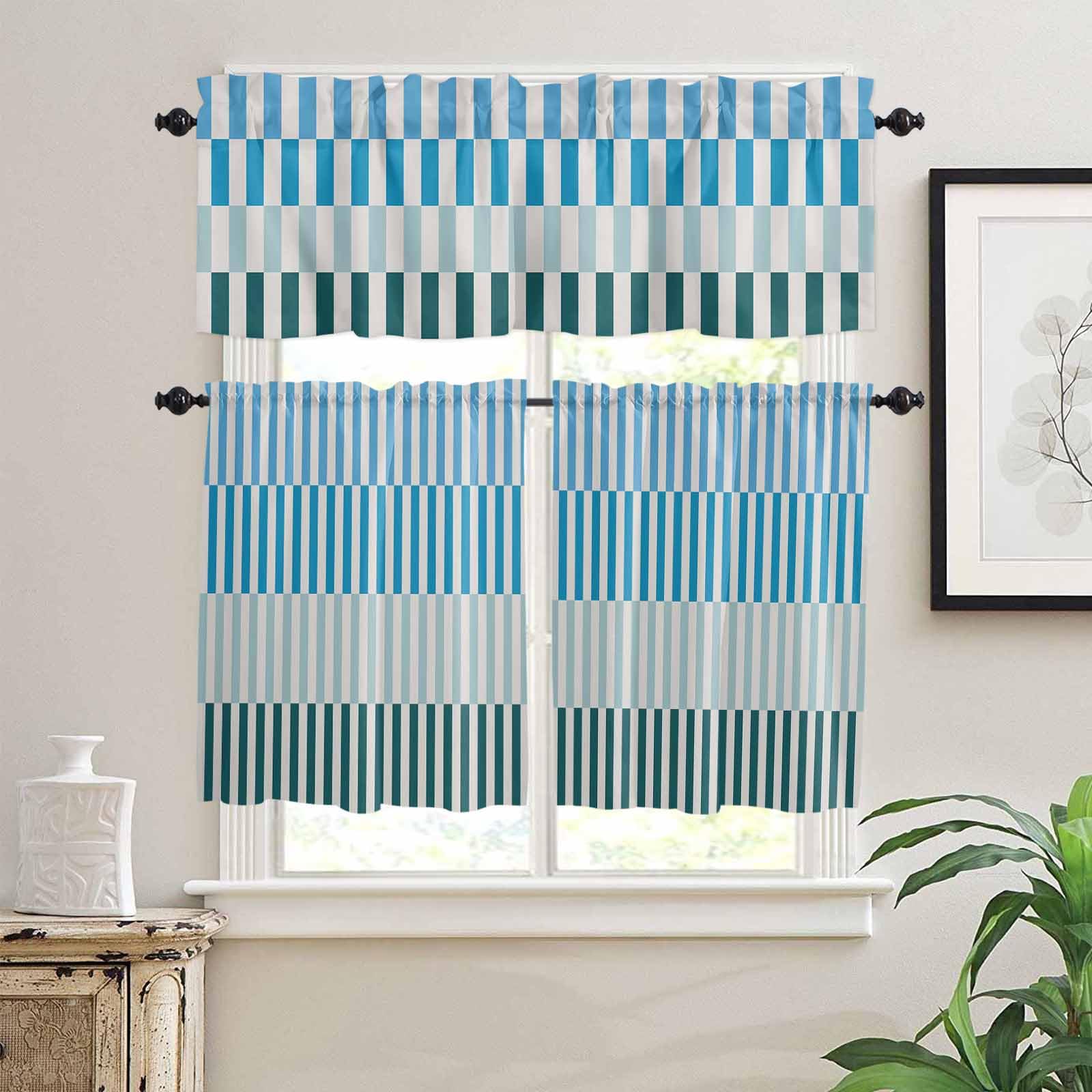 Colorful Stripe Kitchen Curtains 36 Inch Length,3 Piece Rod Pocket Small Half Tiers and Valance Set,Modern Teal Blue Green Vertical Striped Small Large Window Treatment Decor for Bedroom/Bathroom