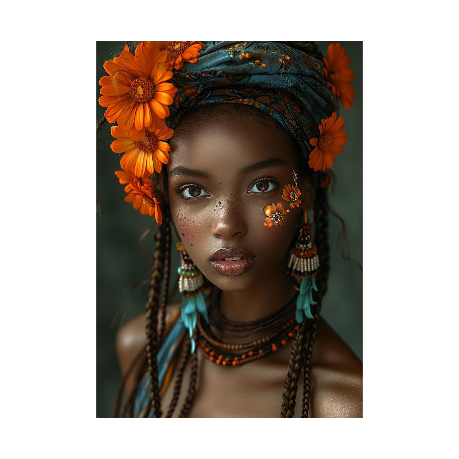 WQBQKKX Cuadro De Mujer Africana Flores Mujer Negra Modernos Cuadros En Lienzo,Naranja, negro Cuadros Moderno NóRdico Comedor Cocina Y BañO Decor-60x80cm Sin marco