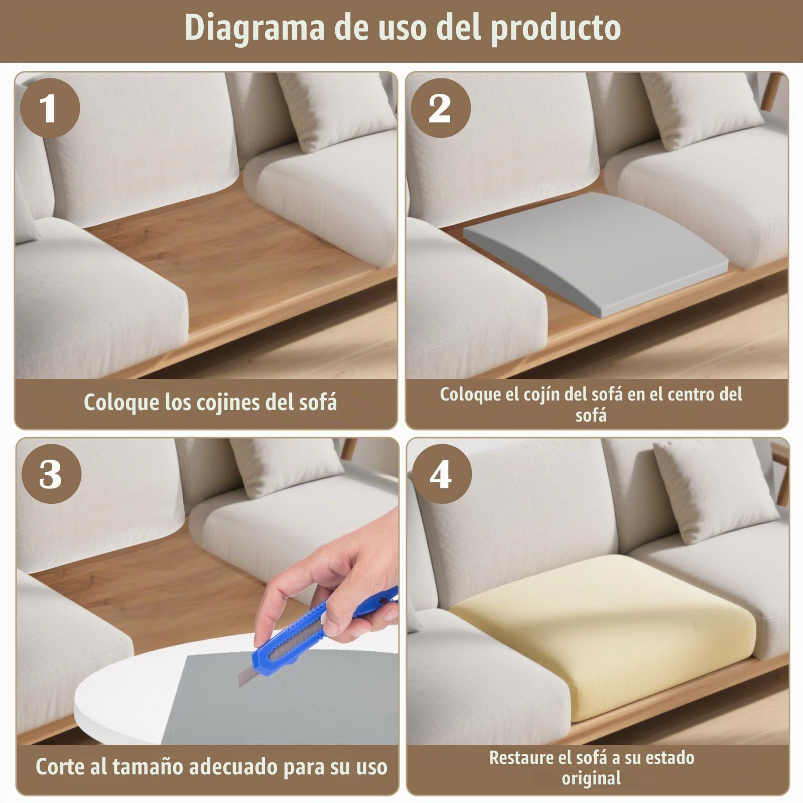 Espuma de Relleno de Alta Densidad, Espuma para Reparar sofás, cojín Multifuncional para Asientos, para Relleno de Sofás, Sillas, 50 x 50 x 5 cm, 4 Piezas