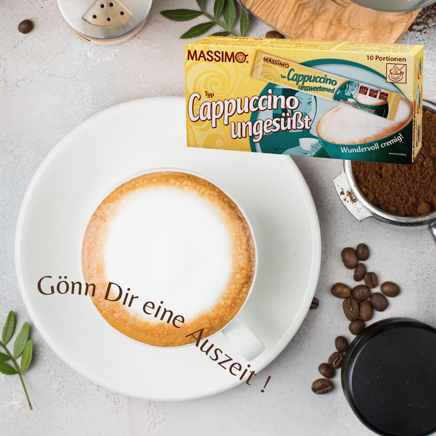 MASSIMO Cappuccino niesłodzone, 160 patyczków, 16 x 10 patyczków po 12,5 g, opakowanie ekonomiczne, rozpuszczalna kawa ziarnista, kakao, bez cukru, szybkie przygotowanie, zawiera kofeinę, kawa