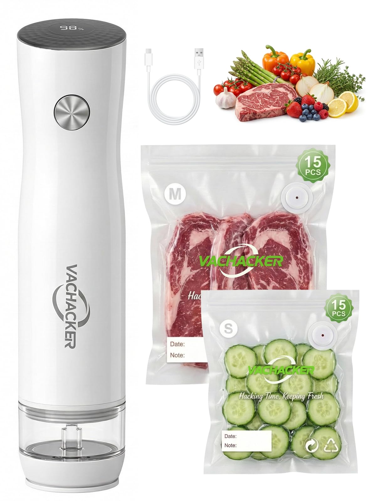 Envasadora al Vacío, Vachacker Maquina Vacio Alimentos Portátil | Envasadora al Vacío domestica con Tanque Visible para Uso Doméstico y Comercial, Potente de -60kPa, Incluyendo 30 Bolsas