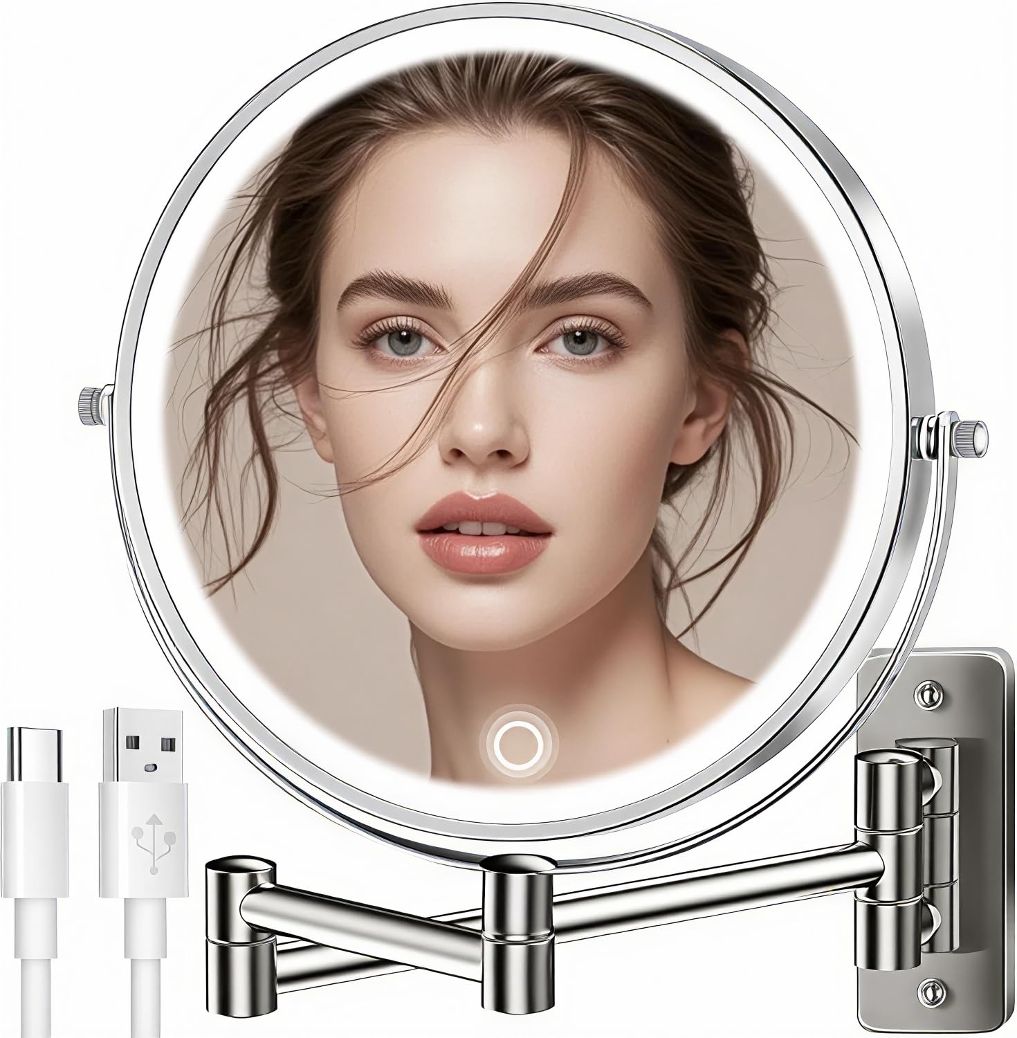 9" Large Wall Mounted Lighted Makeup Mirror, 5000mA Rechargeable 1X15X Magnifying Mirror with 3 Color Lights Touch Dimmable, 17" Extended 360° Swivel Wall Mounted Makeup Mirror Bathroom Vanity, Nickel