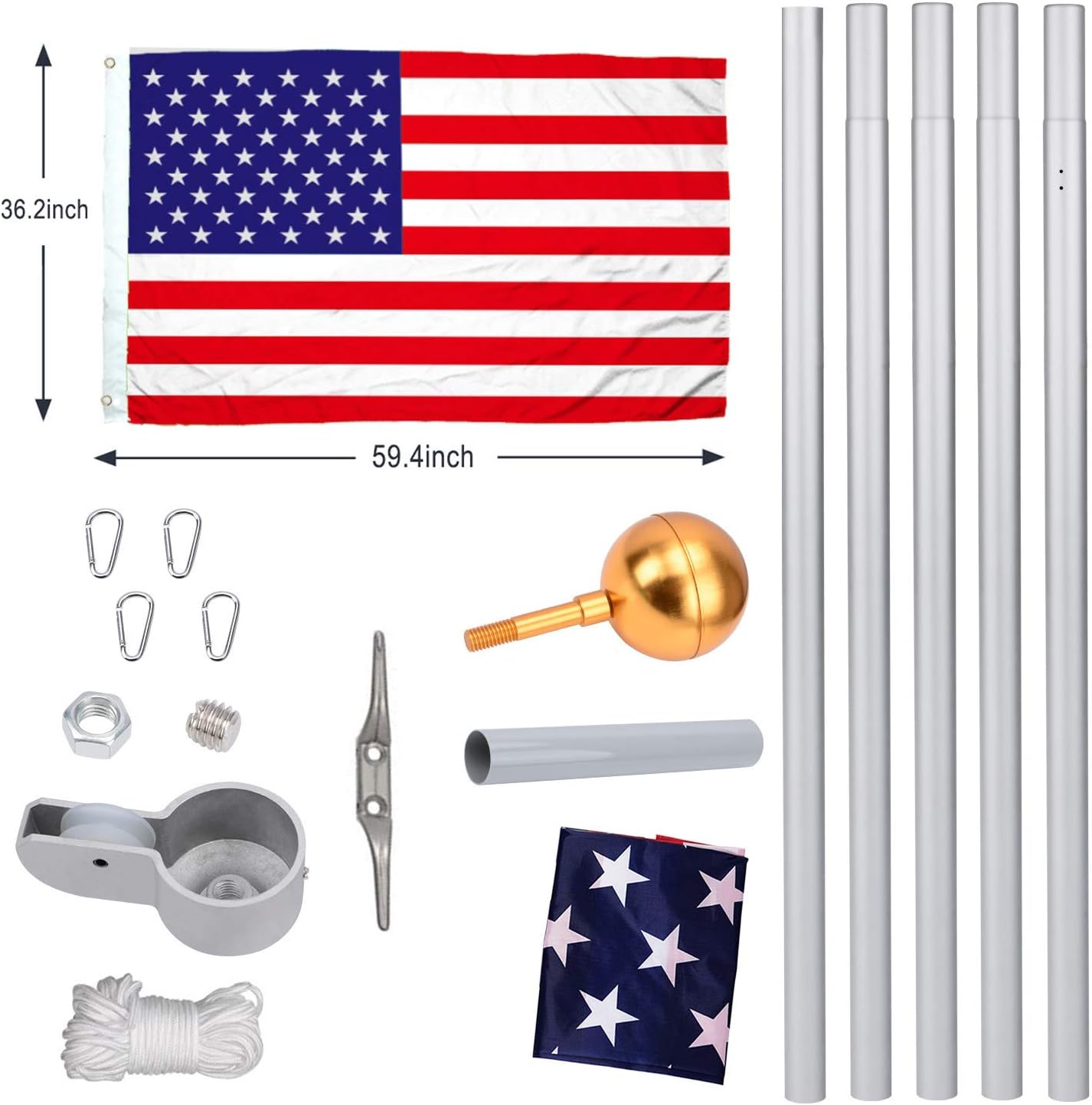 Flag Poles for Outside House, 16FT Sectional Flag Pole Kit, Extra Thick Heavy Duty Aluminum Flagpole, Outdoor Inground Flag Poles with Topper Balls for Yard, Residential or Commercial - Image 6