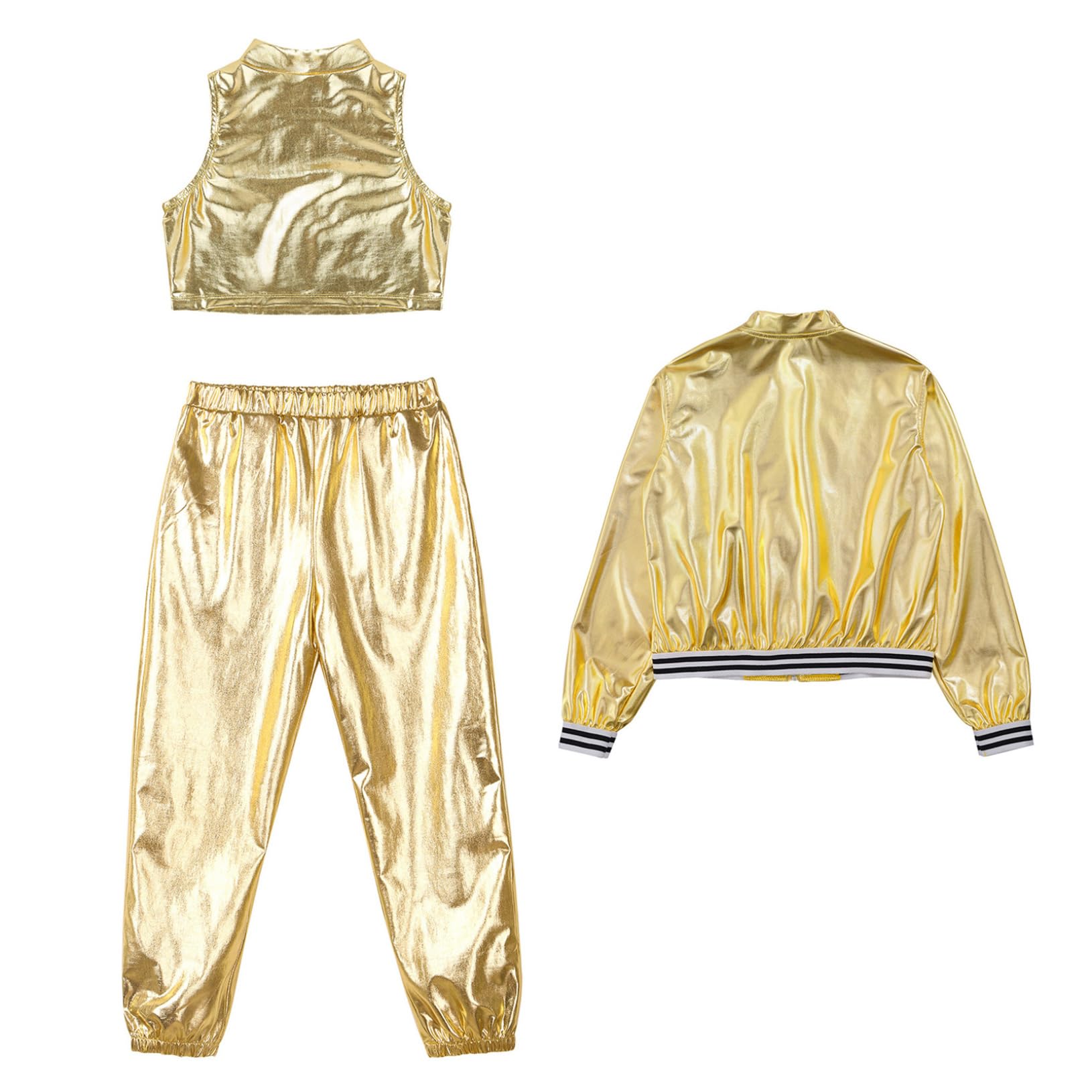 Freebily Tuta Sportiva da Ginnastica Artistica Bambina 3 Pezzi Completo Sportivo da Allenamento Ballo di Strada Danza Moderna Lucido Giacca Sportiva + Crop Top + Pantaloni