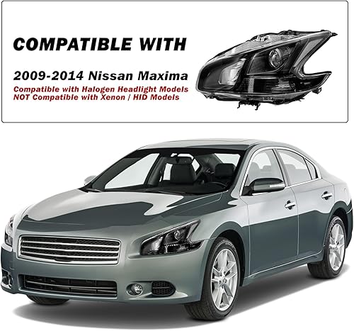 Miniatura 5 de Conjunto de faros halógenos compatible con Nissan Maxima 2009-2014 de 4 puertas, lado del conductor y del pasajero, carcasa negra, reflector