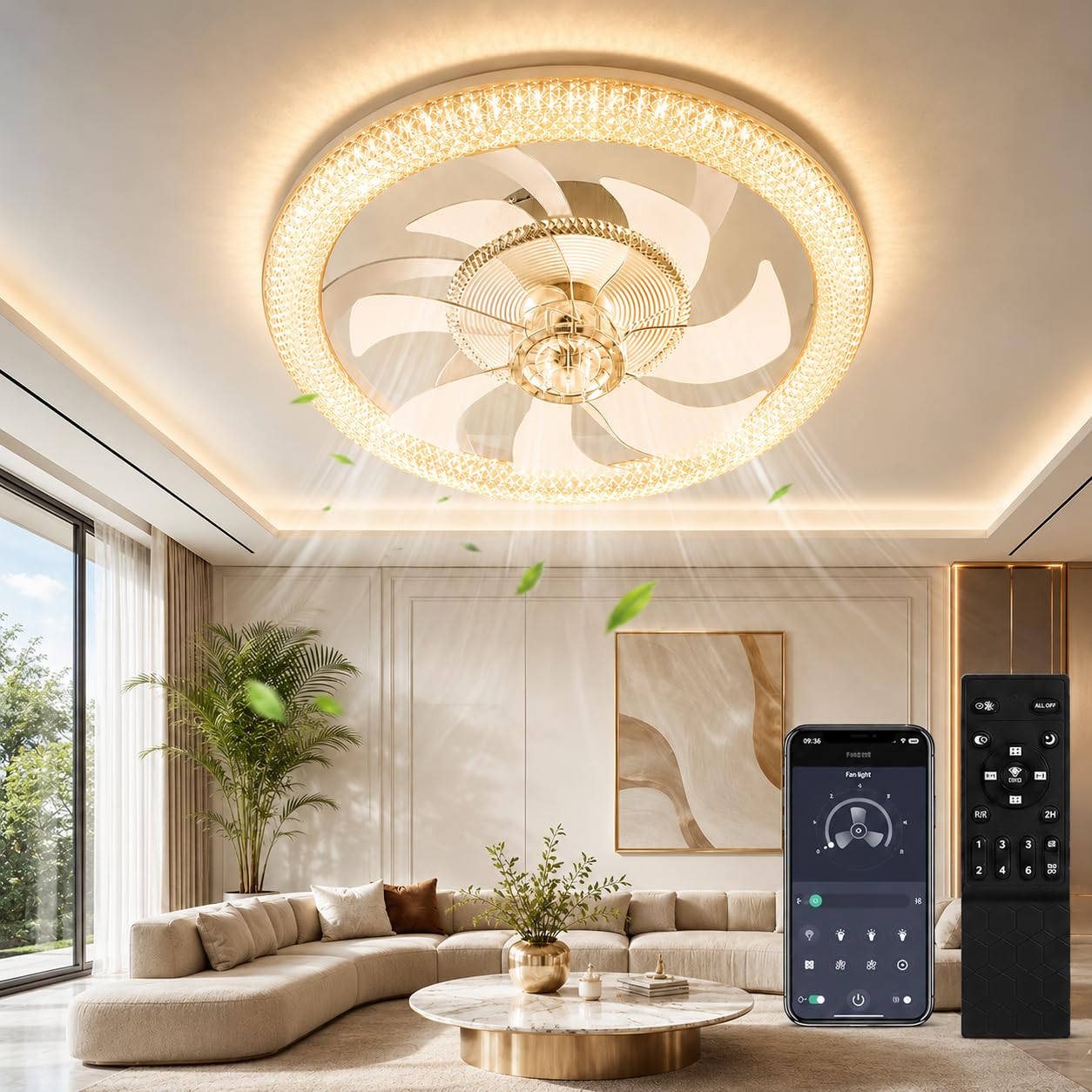 papasbox Φ48cm LED Ceiling Fans with Lights and Reversible Remote - 3000/4500K/6500K with Memory Ceiling Fan Light 6 Speed Levels Stepless Dimming 2H Light Timming Modern Fan Lighting — image 1