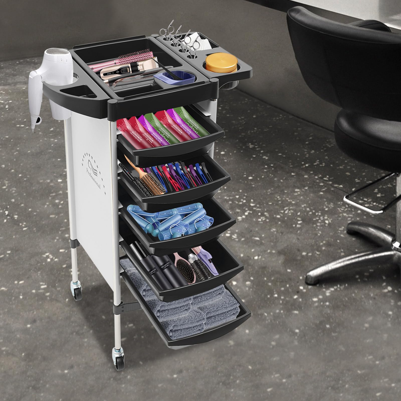 6 Etagen Beauty Rollwagen Salon Trolley Friseurwagen Rollwagen Salonwagen mit 5 Schubladen und Universal Rollen Mobiler Friseur Arbeitswagen für Friseurläden, Schönheitssalons