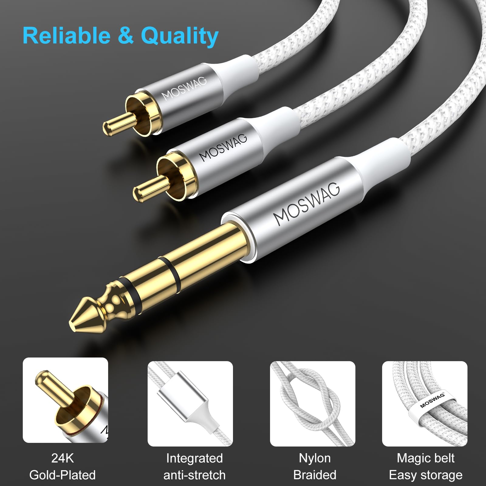 2-Pack 3.5mm To 1/4" Stereo Audio Cables - 1m Nylon Braid Aux Cord For Guitar, Keyboard, Mixer, Speakers