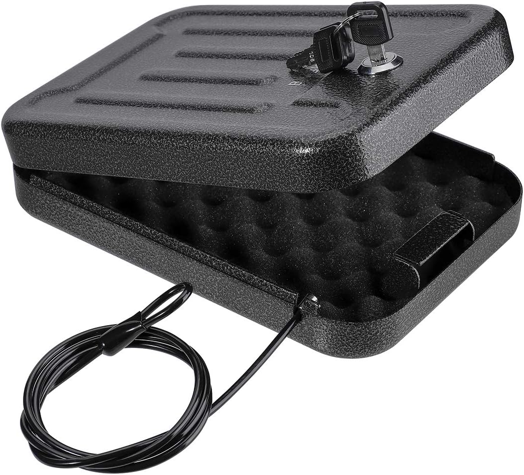 Portable Security Lock Box - Gun Safety, Money, and Document Safe - Personal Safe Box with Patented 39IN Security Cable and 4 Keys - Ideal for Valuables and Firearms - Size 9.4 * 6.5 * 1.96 IN