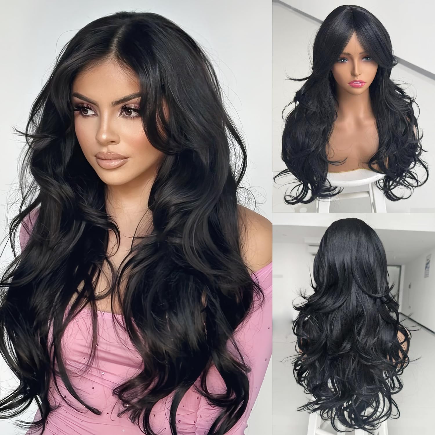 Black Wavy Wigs for Women Long Layered Wig with Curtain Bangs Long Black Layered Synthetic Wavy Body Wave Haircut Middle Part Natural Looking Hair for Women Daily Party Use 1B 24Inch Black Wavy Wigs for Women Long Layered Wig with Curtain Bangs Long Black Layered Synthetic Wavy Body Wave Haircut Middle Part Natural Looking Hair for Women Daily Party Use 1B 24Inch