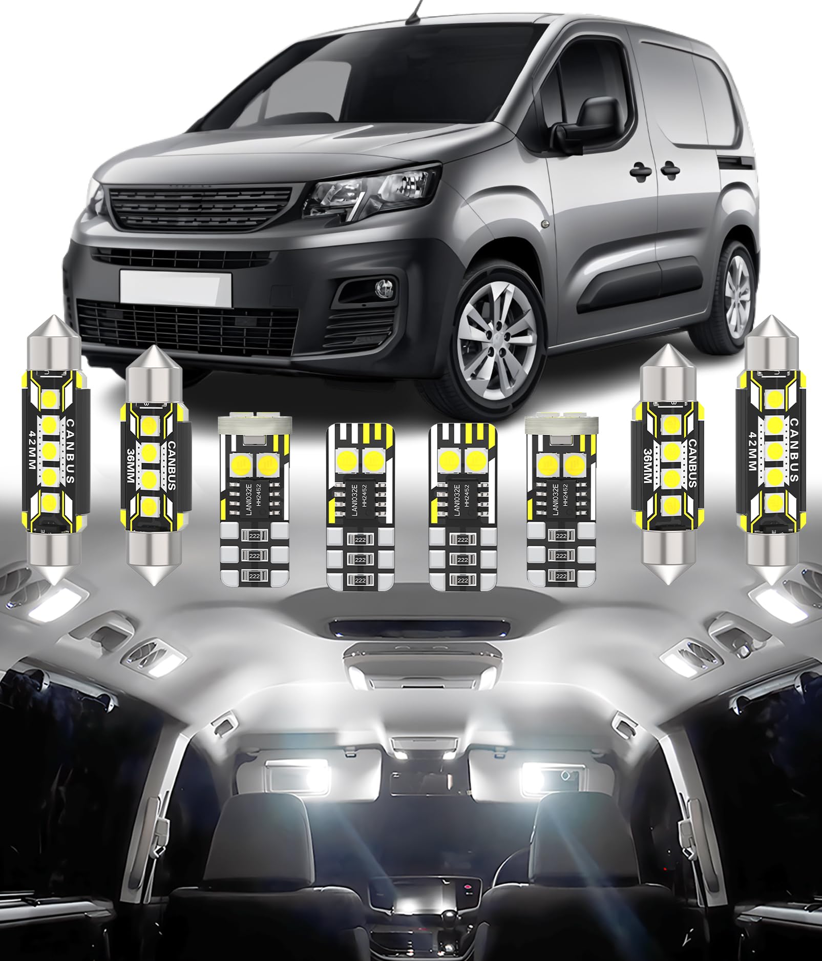 BMT xms 9pz Kit di Luci LED per Interni per B9 Peugeot Partner II/Partner Tepee/Citroën Berlingo II/Berlingo Multispace 2008-2018,6000K Bianco Luminoso