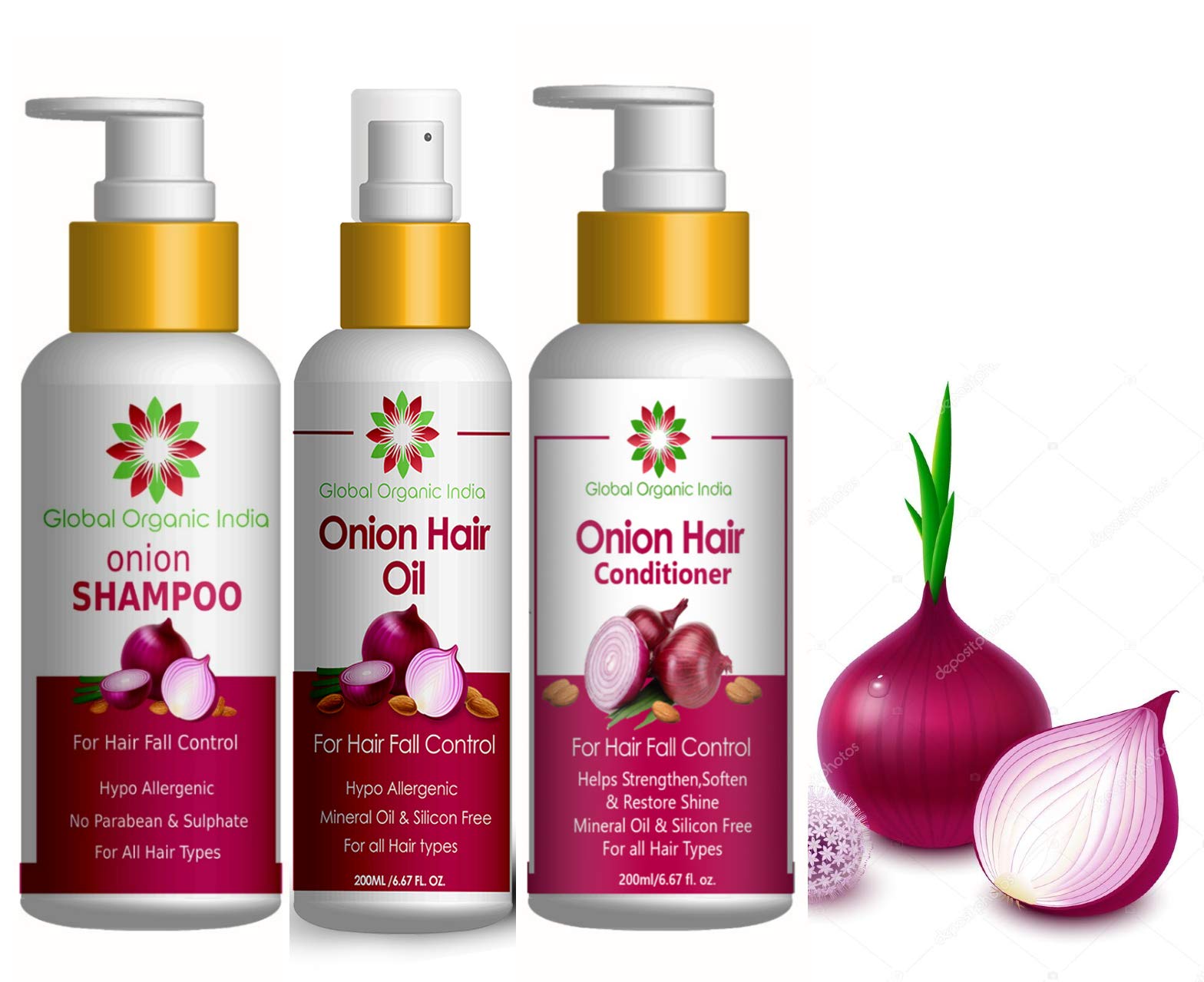 Global Organic India Anti Hair Fall Combo Kit with Onion Hair Oil Onion Shampoo Onion Conditioner fo