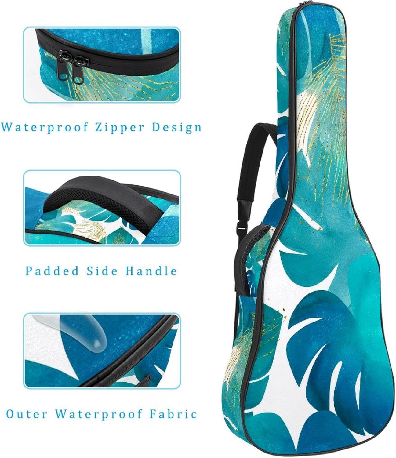 Turquoise Palm Monstera Leaves Gold Doodle Lines Acoustic Guitar Gig Bag, 1 cm Thick Padding Waterproof Guitar Bag Backpack for 40 41 42 Inch Electric Bass Classical Guitars