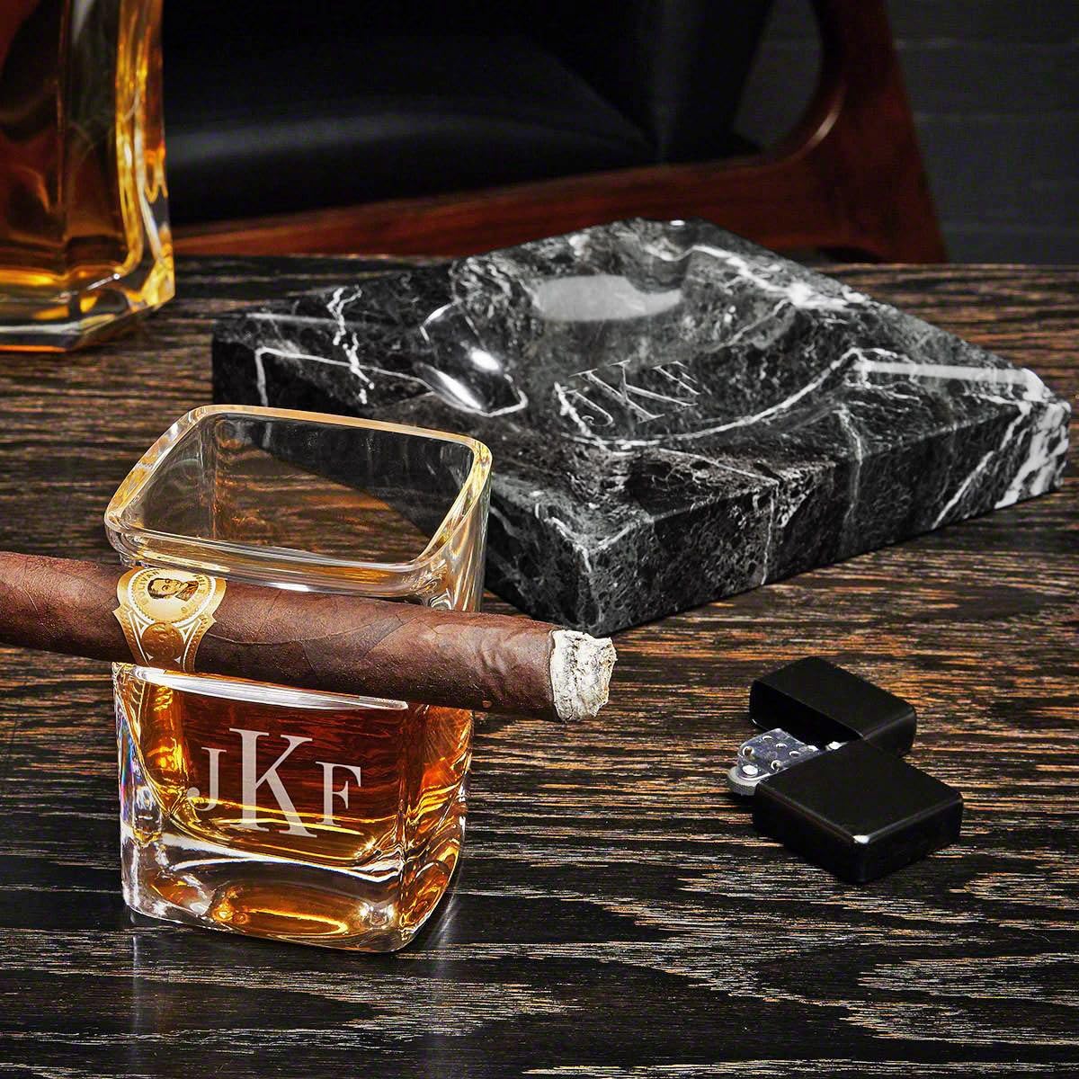 Custom Marble Ashtray Set with Black Lighter and Cigar Glass - Whiskey and Cigars Outdoor Ashtray Set