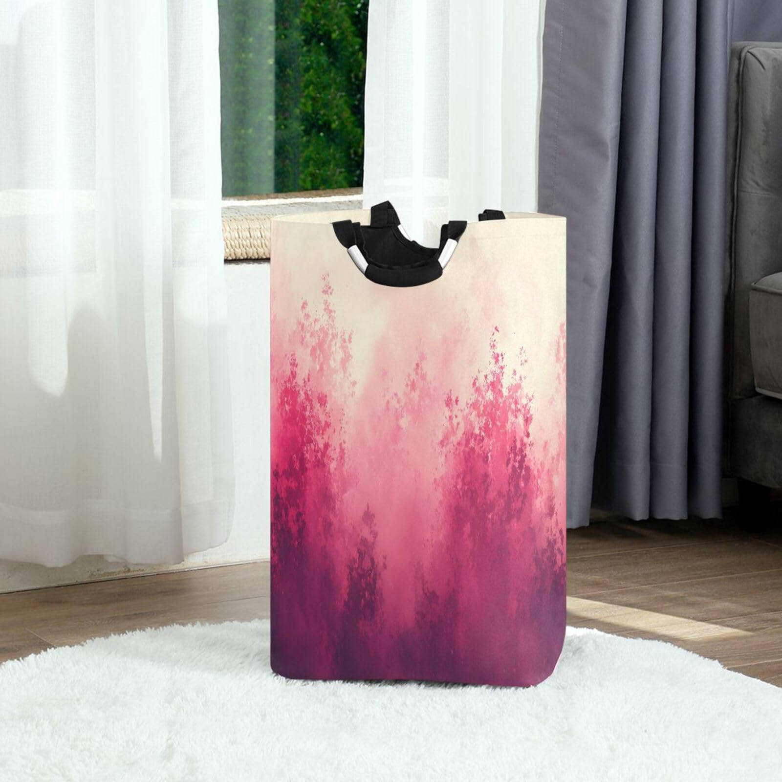 Jihqo Laundry Hamper Basket Pink Watercolor Forest Collapsible Nursery Storage Bin Waterproof Clothing Baskets for Home Bedroom Bathroom Washing Room