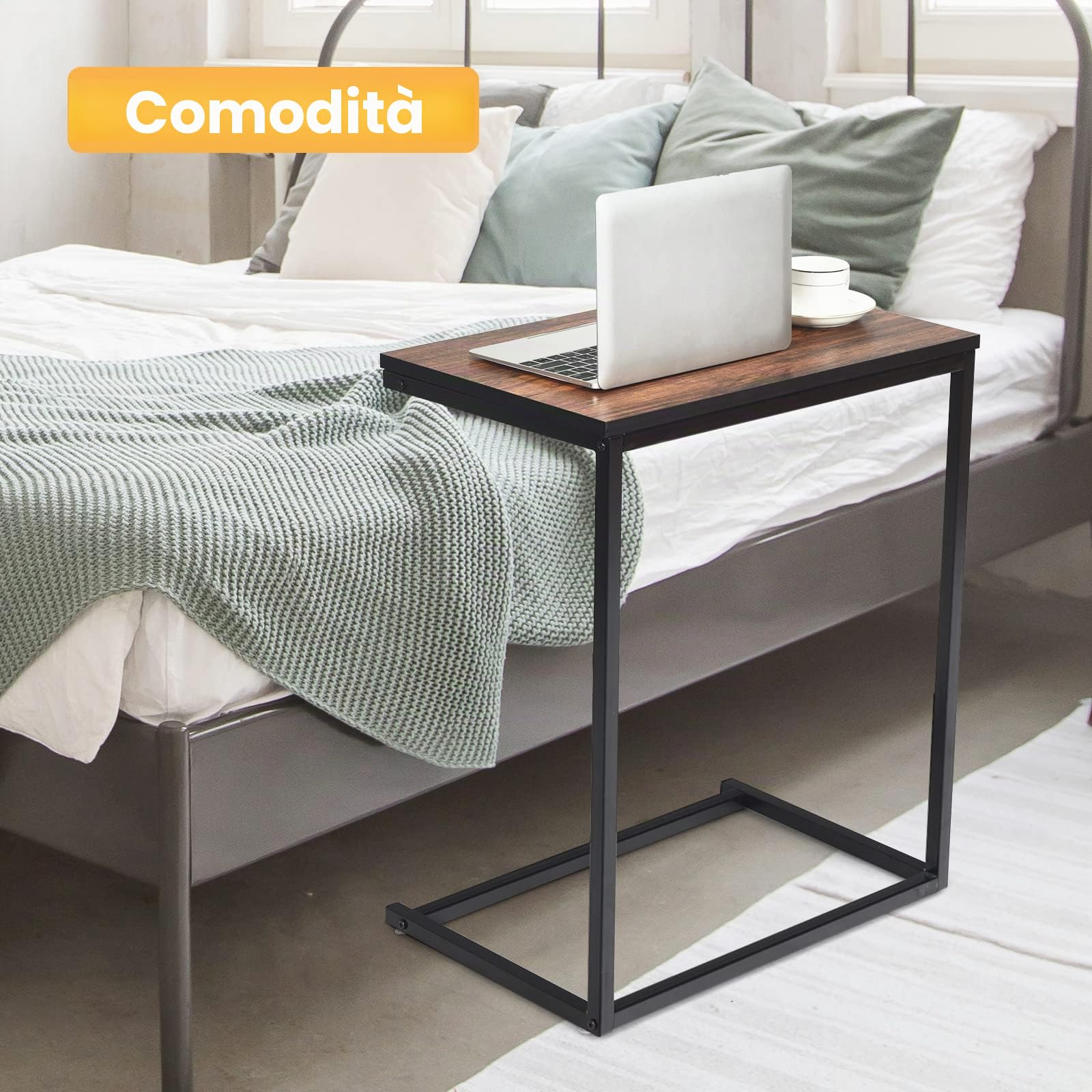 GIANTEX Tavolino a Forma di C, Tavolino Salvaspazio, Struttura in Legno e Ferro, Industriale, Ideale per Soggiorno, Camera da Letto, Ufficio, 55x35x65 cm, 2 Colori Disponibili