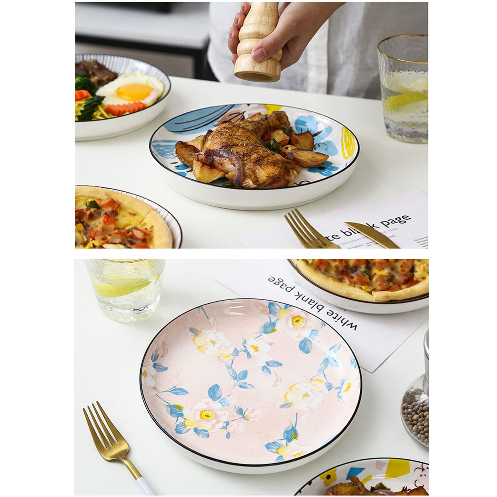 Juego De 4 Platos De Porcelana De 8,5 Pulgadas, Decorados Con Creativos Estampados De Flores, Borde De Plato Elevado, Puede Contener Ensaladas, Bistecs, Postres,Azul,8.5in