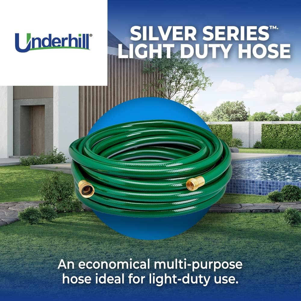 Underhill Light Duty Garden Hose Silver Series Water Hose Lightweight Flexible Anti- Kink 100 psi WP, 300 psi BP, H58-050LW, ⅝ Inch x 50 ft, Green