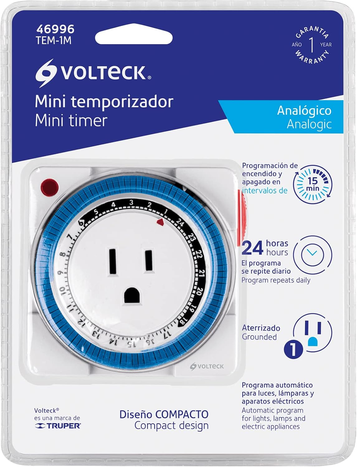 Retail packaging for the Volteck TEM-1M Mini Analog Timer, showing product features, brand logo, and a '1 Year Warranty' seal.