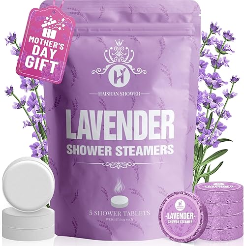 HAISHAN Shower Steamers Aceite esencial de lavanda orgánica para aromaterapia, paquete de 5 bombas de ducha, regalos de cumpleaños para mujeres u