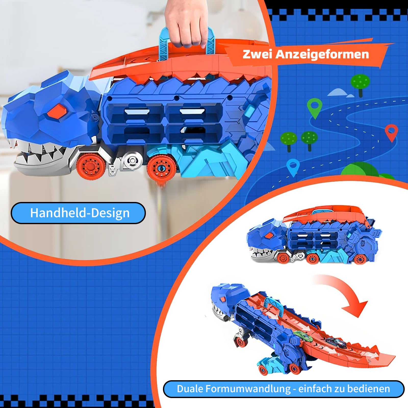 Xylota Dinosaurier Transport Truck Spielzeug für Jungen ab 3 4 5 6 7 Jahren – 2-in-1 Rennstrecke zum Umklappen mit 12 Pull-Back Autos & Dinos, Geschenkbox inklusive (Blau)